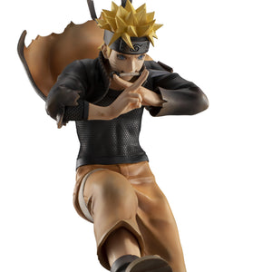 High-angle head shot showing the detailed face sculpt and spiky blonde hair of G.E.M. Series Naruto Uzumaki Great Ninja War Ver. figure.