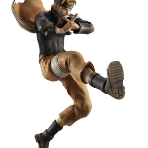 Side profile of Naruto Uzumaki G.E.M. Great Ninja War reissue figure showing extended leg and billowing orange coat.