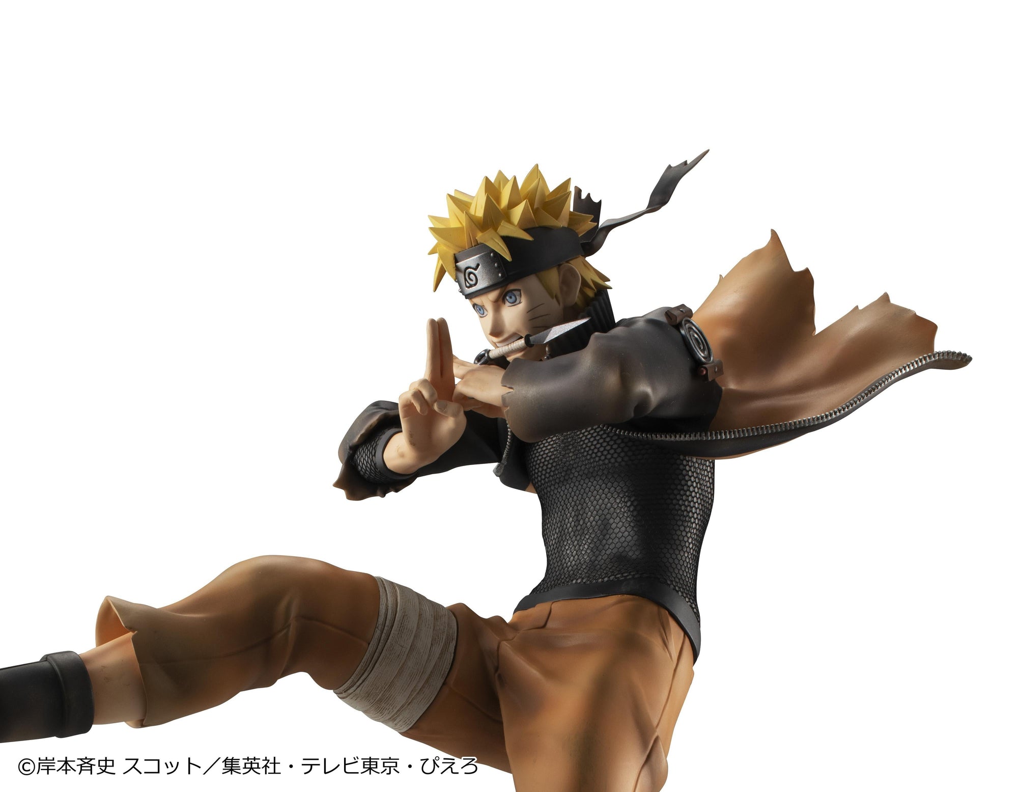 Upper body view of Naruto Uzumaki G.E.M. Series figure holding a kunai blade in mouth with detailed chainmail shirt texture.