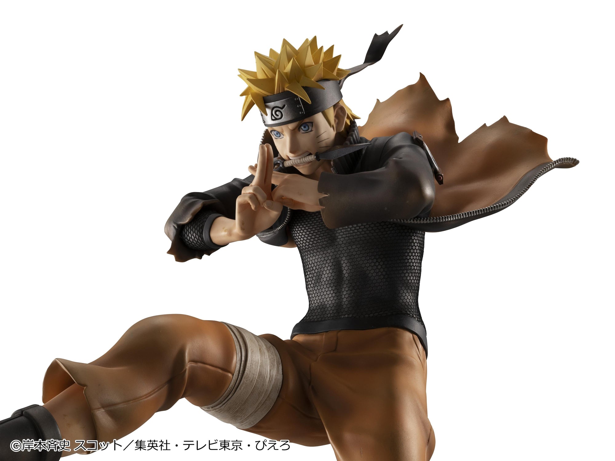 Detailed close-up of Naruto Uzumaki forming a ninja hand seal with forehead protector and kunai knife clenched in teeth.