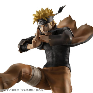 Detailed close-up of Naruto Uzumaki forming a ninja hand seal with forehead protector and kunai knife clenched in teeth.