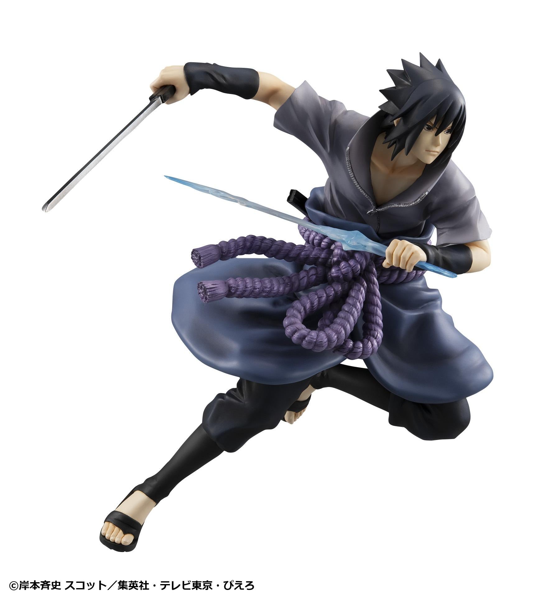 Full view of G.E.M. Series Sasuke Uchiha Great Ninja War version figure wielding sword and chidori blade effect.