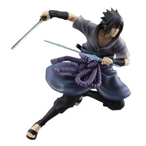 Full view of G.E.M. Series Sasuke Uchiha Great Ninja War version figure wielding sword and chidori blade effect.