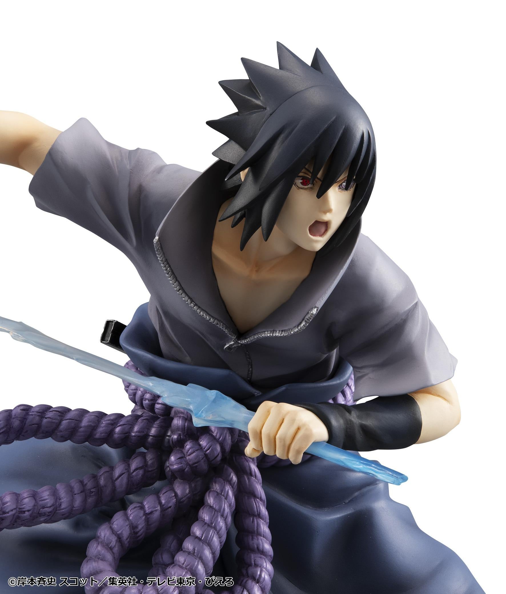 Detailed close-up of Sasuke Uchiha interchangeable fierce shouting face part with Rinnegan and Sharingan activated.