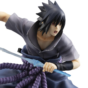 Detailed close-up of Sasuke Uchiha interchangeable fierce shouting face part with Rinnegan and Sharingan activated.