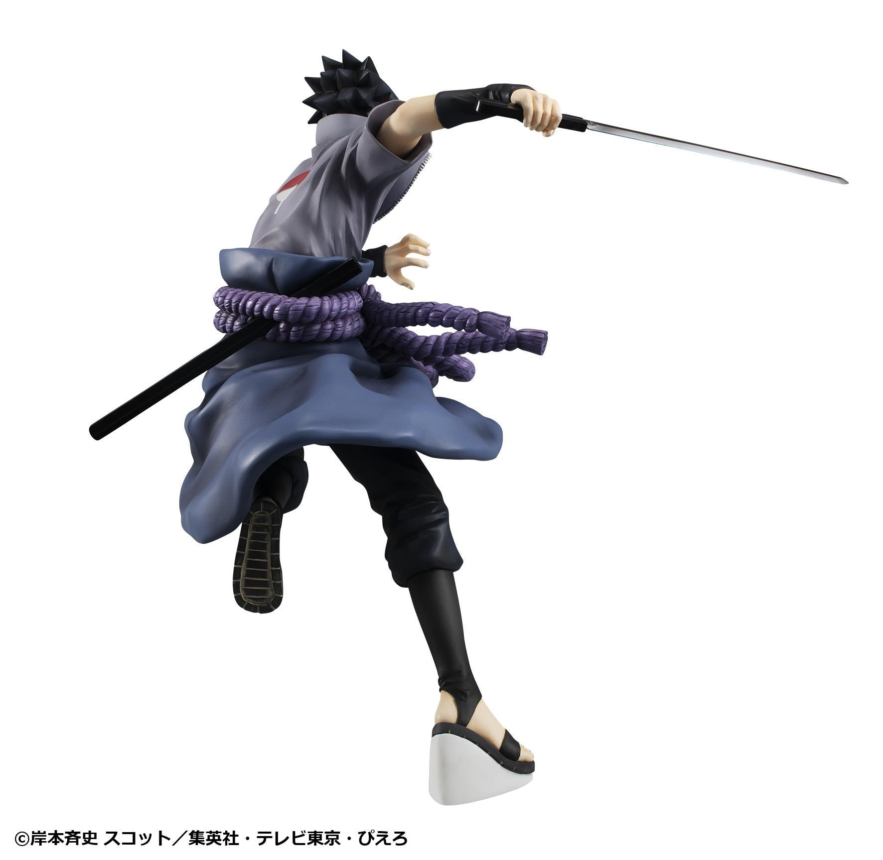 Back view of Sasuke Uchiha G.E.M. Series Great Ninja War figure showing purple rope belt, sheath, and mid-air sculpted drapery.