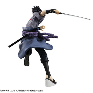 Back view of Sasuke Uchiha G.E.M. Series Great Ninja War figure showing purple rope belt, sheath, and mid-air sculpted drapery.