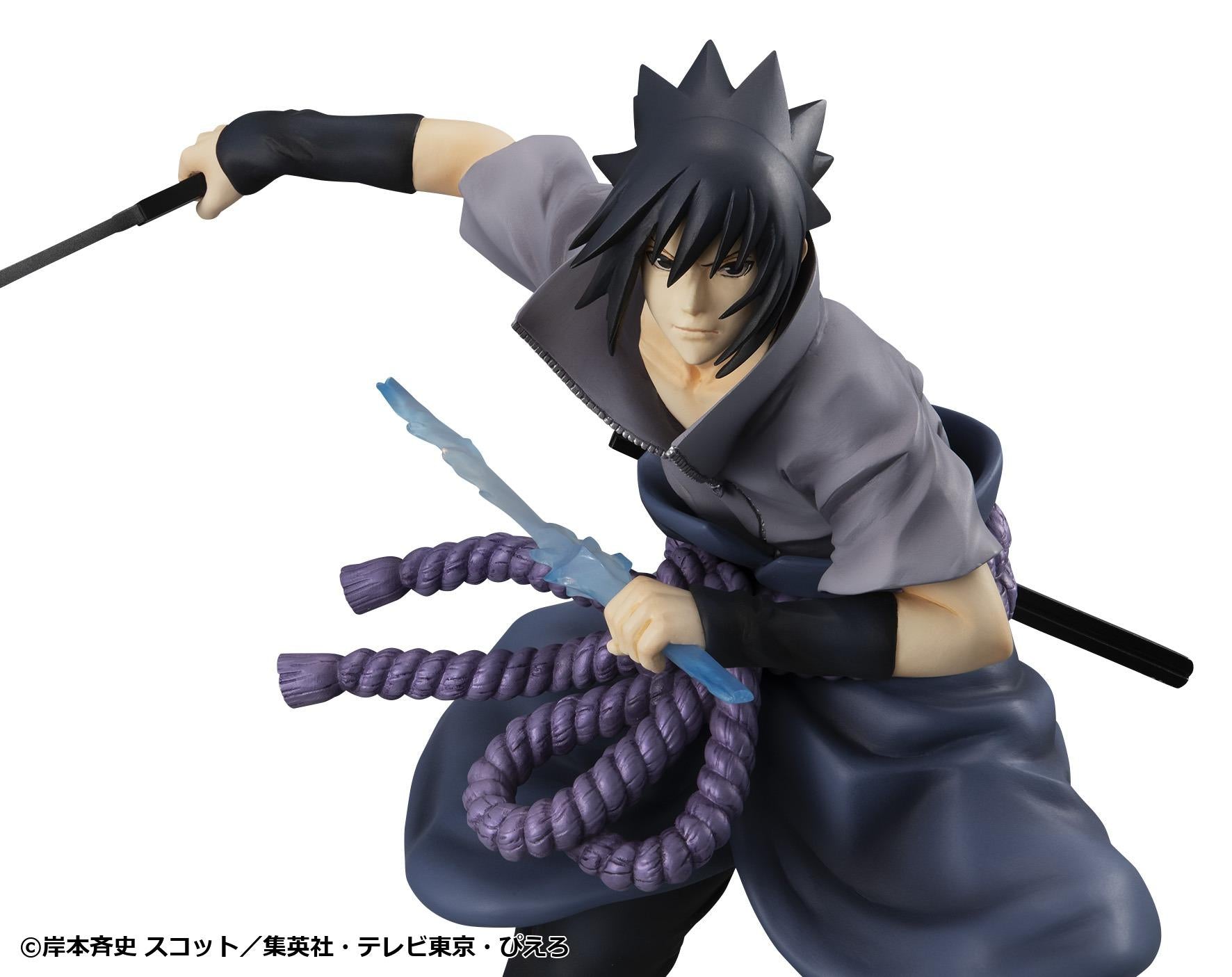 Upper body view of Megahouse G.E.M. Series Sasuke Uchiha Great Ninja War reissue figure holding lightning infused sword.