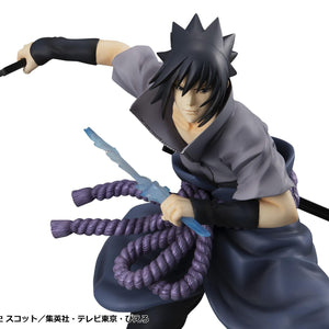 Upper body view of Megahouse G.E.M. Series Sasuke Uchiha Great Ninja War reissue figure holding lightning infused sword.