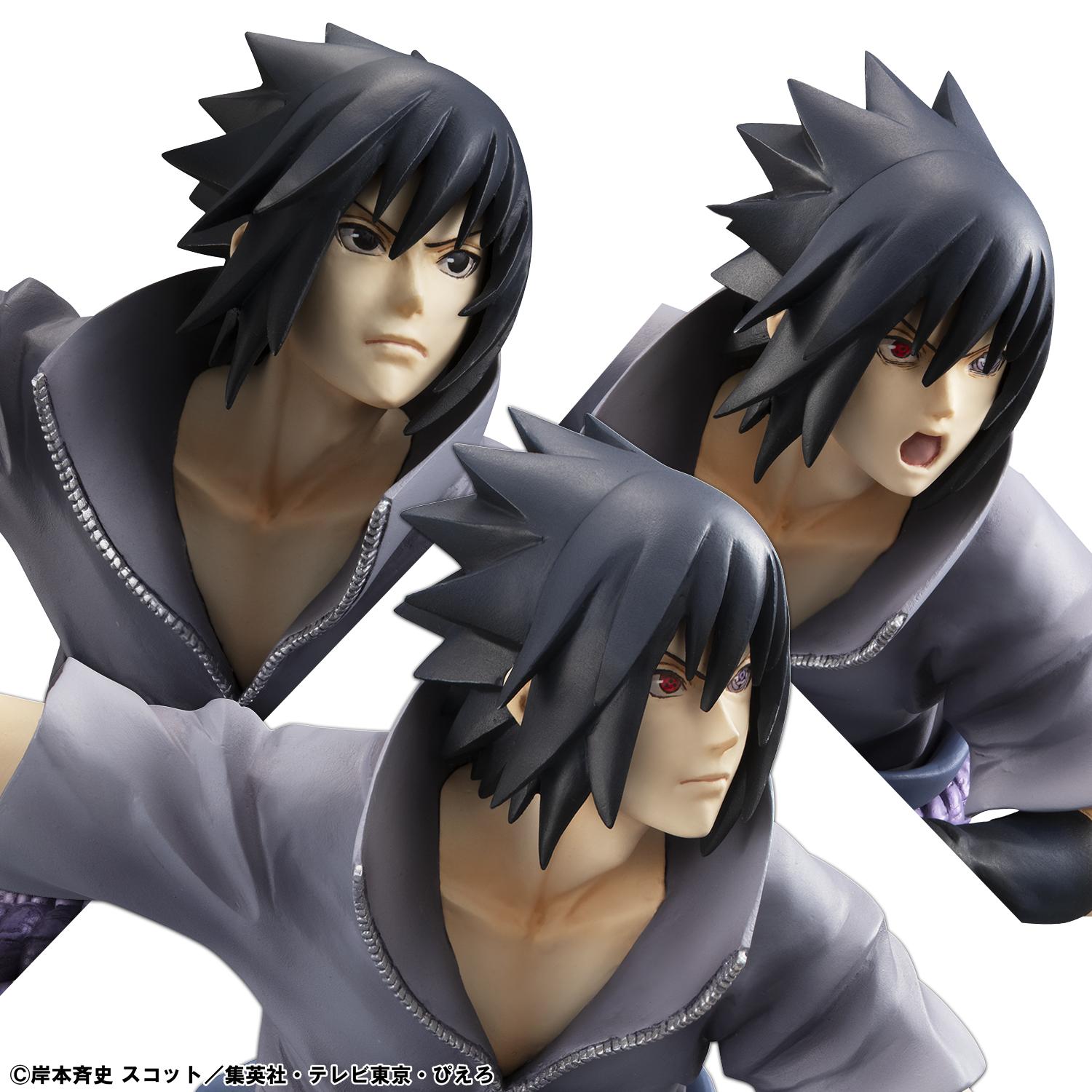 Showcase of the three interchangeable face plates included with the G.E.M. Series Sasuke Uchiha Great Ninja War Ver. figure.