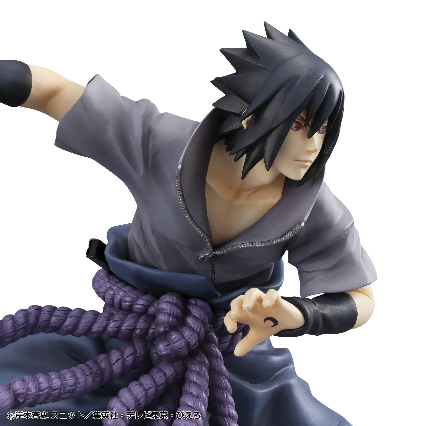 Close-up of G.E.M. Sasuke Uchiha figure showing alternate open hand with Six Paths Yin Seal palm mark and Rinnegan.