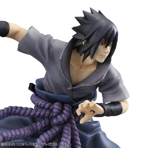 Close-up of G.E.M. Sasuke Uchiha figure showing alternate open hand with Six Paths Yin Seal palm mark and Rinnegan.