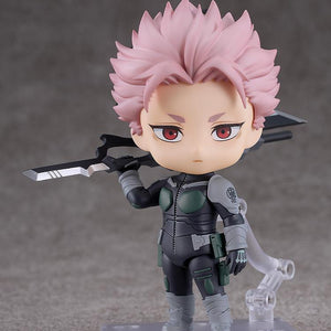 Gen Narumi Nendoroid in his Defense Force suit standing on a clear display base.