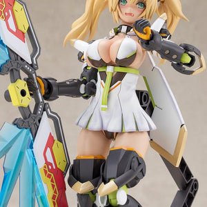Mid-shot close-up of the Kotobukiya Gene Stellatears model kit utilizing the pre-painted flustered face part with blushing cheeks and wide green eyes, holding her weapon.