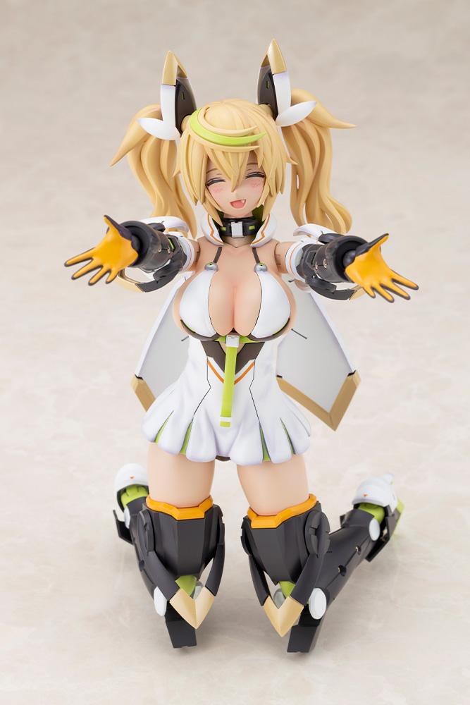 High angle view of the Kotobukiya Phantasy Star Online 2 es Gene Stellatears model kit figure in a kneeling pose with arms outstretched, smiling happily.