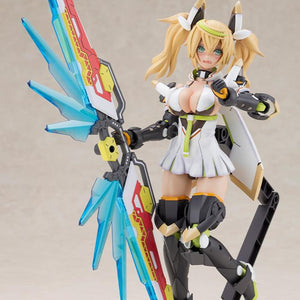 Full body view of the Kotobukiya Gene Stellatears model kit utilizing the pre-painted sad face part, posing dynamically with the deployed Fossil Bauer double saber.