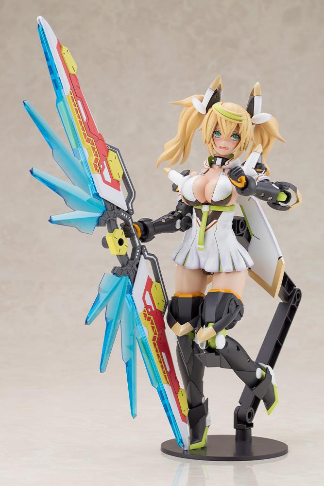 Full body view of the Kotobukiya Gene Stellatears model kit utilizing the pre-painted sad face part, posing dynamically with the deployed Fossil Bauer double saber.