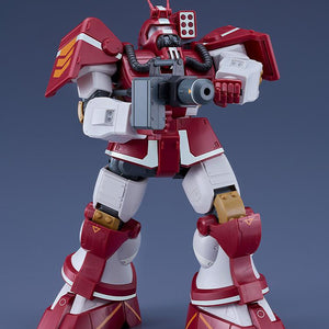Dynamic front action pose of the Blockhead Combat Armor plastic model kit wielding its heavy mag launcher weapon with both hands in a firing stance.