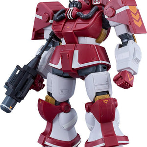 Fully assembled Get Truth Fang of the Sun Dougram Abitate T10B Blockhead combat armor model kit in red and white, holding a mag launcher weapon against a clean white background.