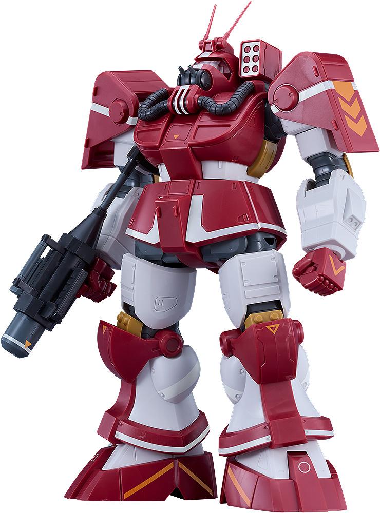 Fully assembled Get Truth Fang of the Sun Dougram Abitate T10B Blockhead combat armor model kit in red and white, holding a mag launcher weapon against a clean white background.