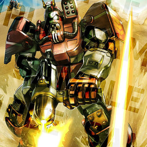 Dynamic comic-style illustration box art featuring the mass-production Blockhead combat armor charging through a desert landscape while unleashing a powerful yellow energy blast.