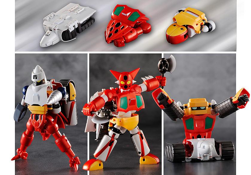 Collage showcasing the Eagle, Jaguar, and Boar machines and their transformed Getter robot forms.
