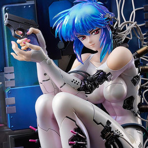 Close-up on the figure's face and upper body, showing her looking directly at the viewer while aiming the handgun.