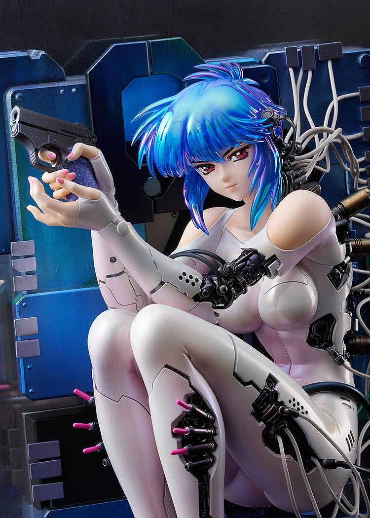 Close-up on the figure's face and upper body, showing her looking directly at the viewer while aiming the handgun.