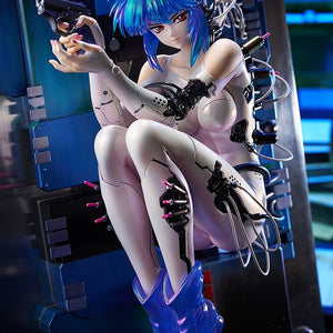 Frontal view of the Motoko Kusanagi figure, highlighting the texture contrast between the bodysuit and the mechanical parts on her limbs.