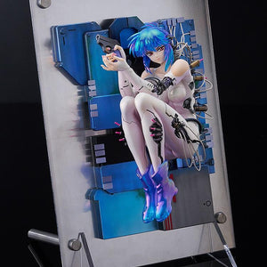 Full frontal view of the Motoko Kusanagi figure on the silver metal display base, emphasizing the "photo frame" appearance.