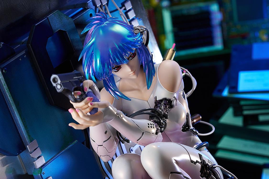 Extreme close-up on the head and hand of the Motoko Kusanagi figure, focusing on the expression, blue hair, and the small gun she is holding.