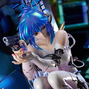 Extreme close-up on the head and hand of the Motoko Kusanagi figure, focusing on the expression, blue hair, and the small gun she is holding.