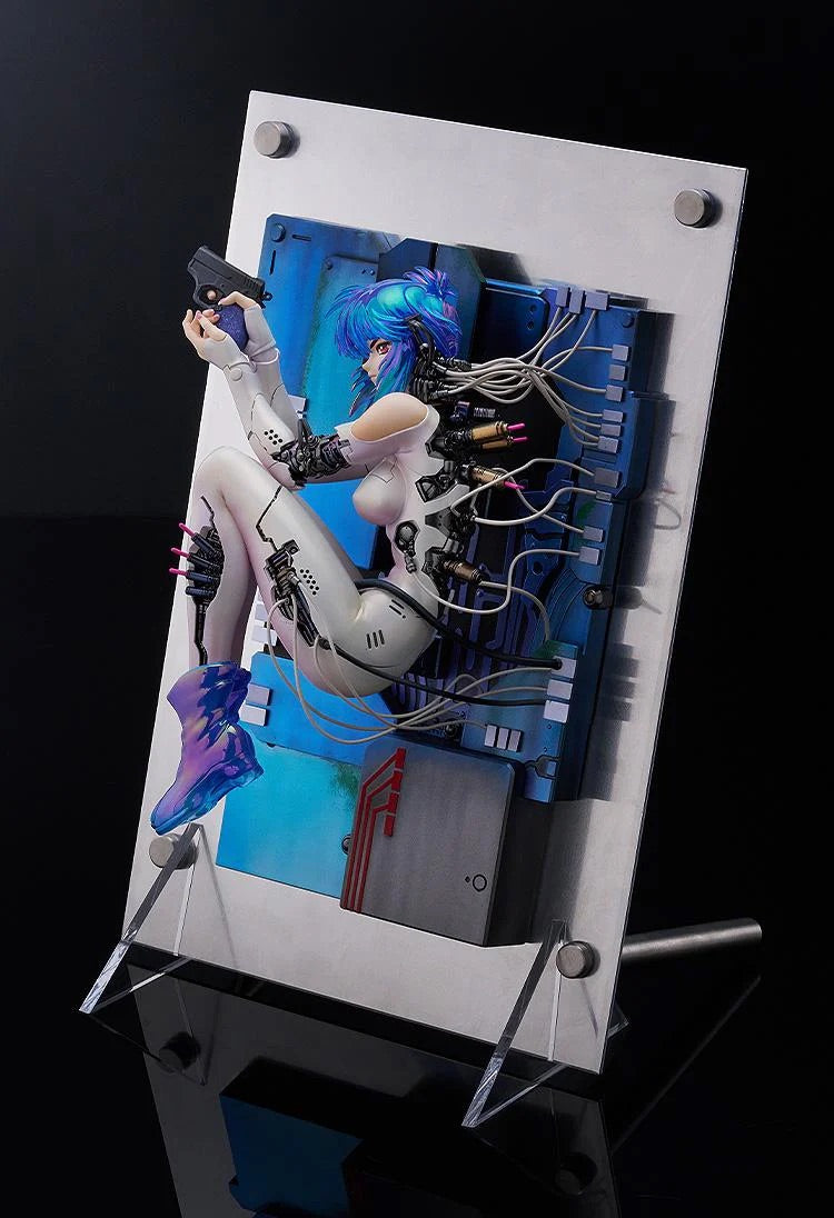 Full view of the Motoko Kusanagi figure on the silver base, displayed with the clear acrylic stand/support at a slight angle.