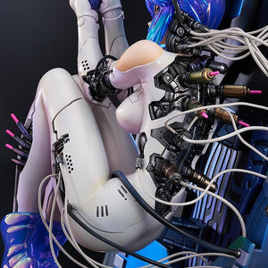 Extreme close-up on the side of the figure's torso, showing the intricate array of colorful cables and connectors feeding into the cyborg body.