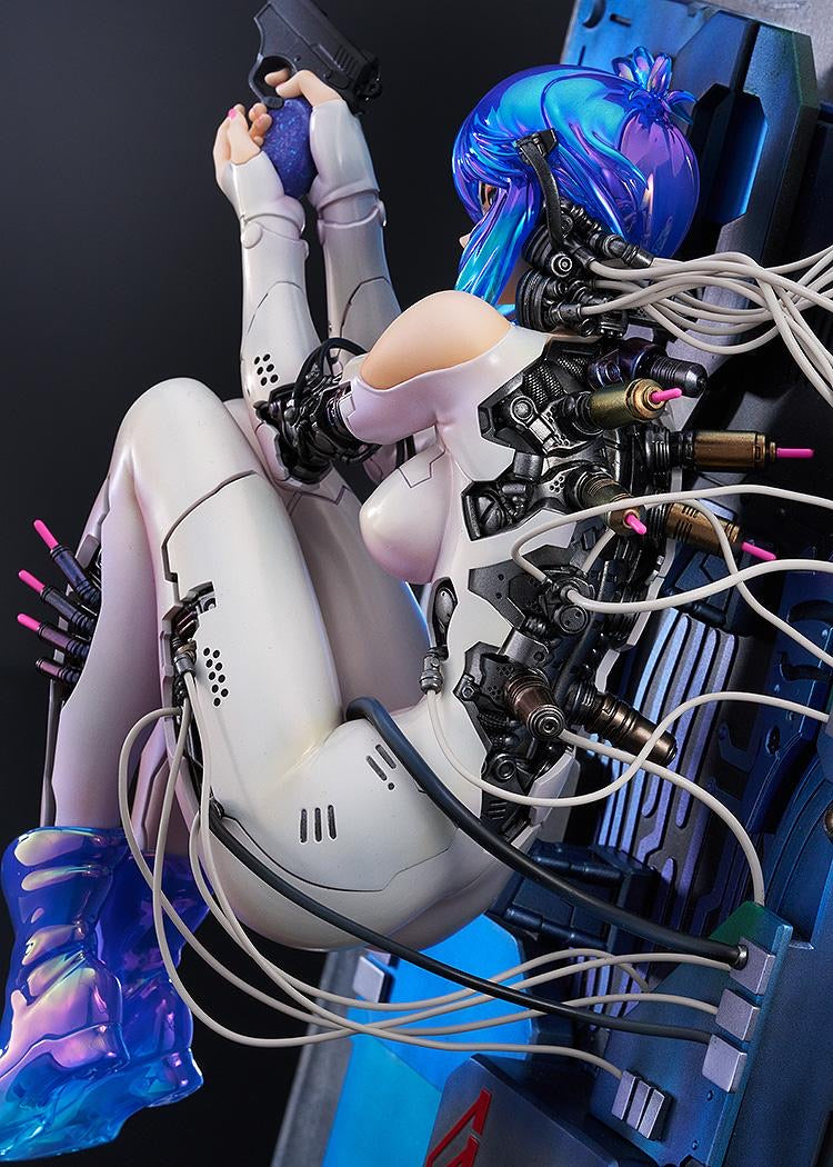 Extreme close-up on the side of the figure's torso, showing the intricate array of colorful cables and connectors feeding into the cyborg body.
