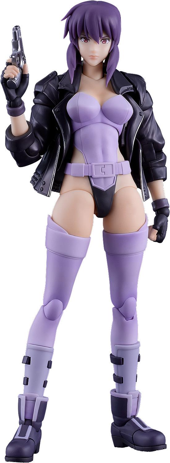 Full front view of the 16cm Motoko Kusanagi PLAMATEA plastic model kit in her signature Stand Alone Complex outfit.