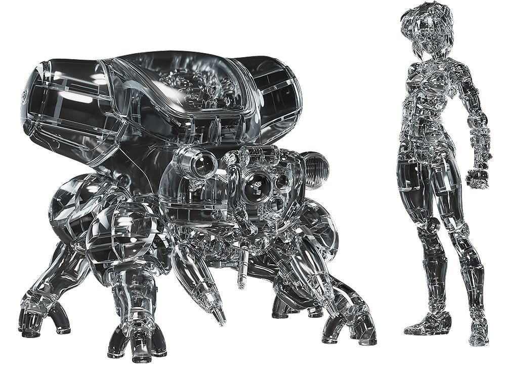 Front layout view of the 1/20 scale Ghost in the Shell PLAMAX Motoko Kusanagi and Fuchikoma model kit in translucent clear thermoptic camouflage plastic, white background.