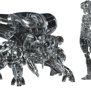 Front layout view of the 1/20 scale Ghost in the Shell PLAMAX Motoko Kusanagi and Fuchikoma model kit in translucent clear thermoptic camouflage plastic, white background.