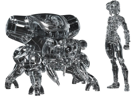 Front layout view of the 1/20 scale Ghost in the Shell PLAMAX Motoko Kusanagi and Fuchikoma model kit in translucent clear thermoptic camouflage plastic, white background.