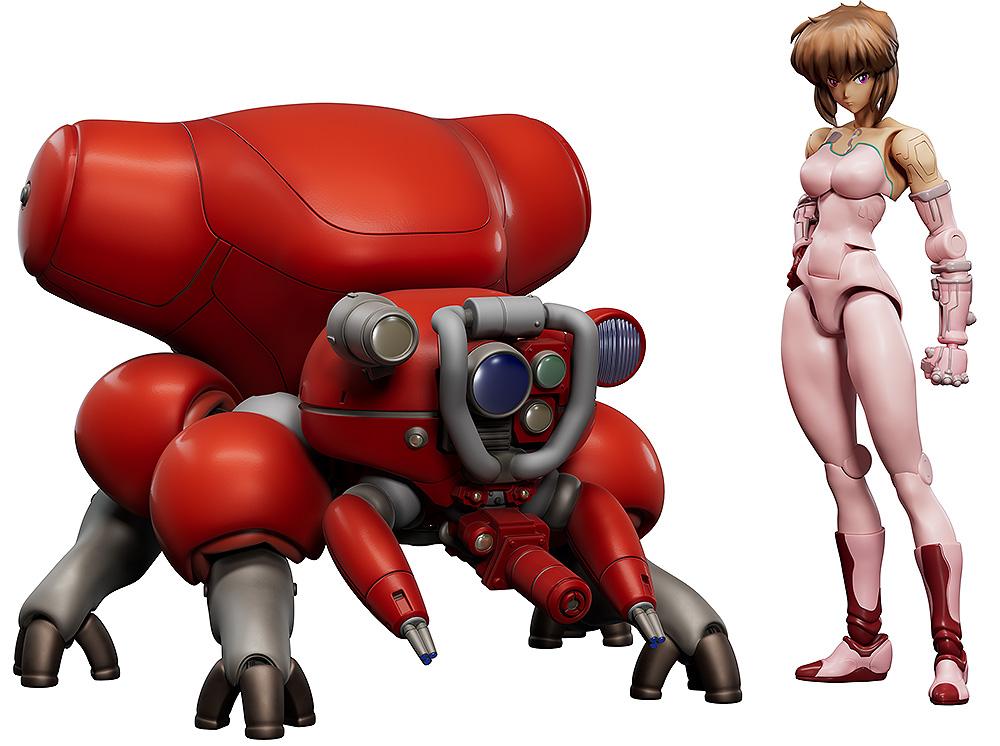 Full-body product layout of the 1/20 scale posable Motoko Kusanagi figure in a pink bodysuit standing next to the red Fuchikoma spider tank from the Ghost in the Shell manga, white background.