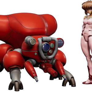 Full-body product layout of the 1/20 scale posable Motoko Kusanagi figure in a pink bodysuit standing next to the red Fuchikoma spider tank from the Ghost in the Shell manga, white background.