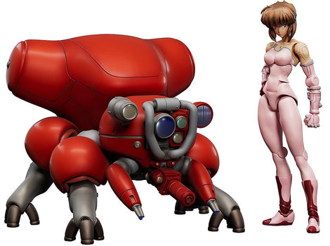 Full-body product layout of the 1/20 scale posable Motoko Kusanagi figure in a pink bodysuit standing next to the red Fuchikoma spider tank from the Ghost in the Shell manga, white background.