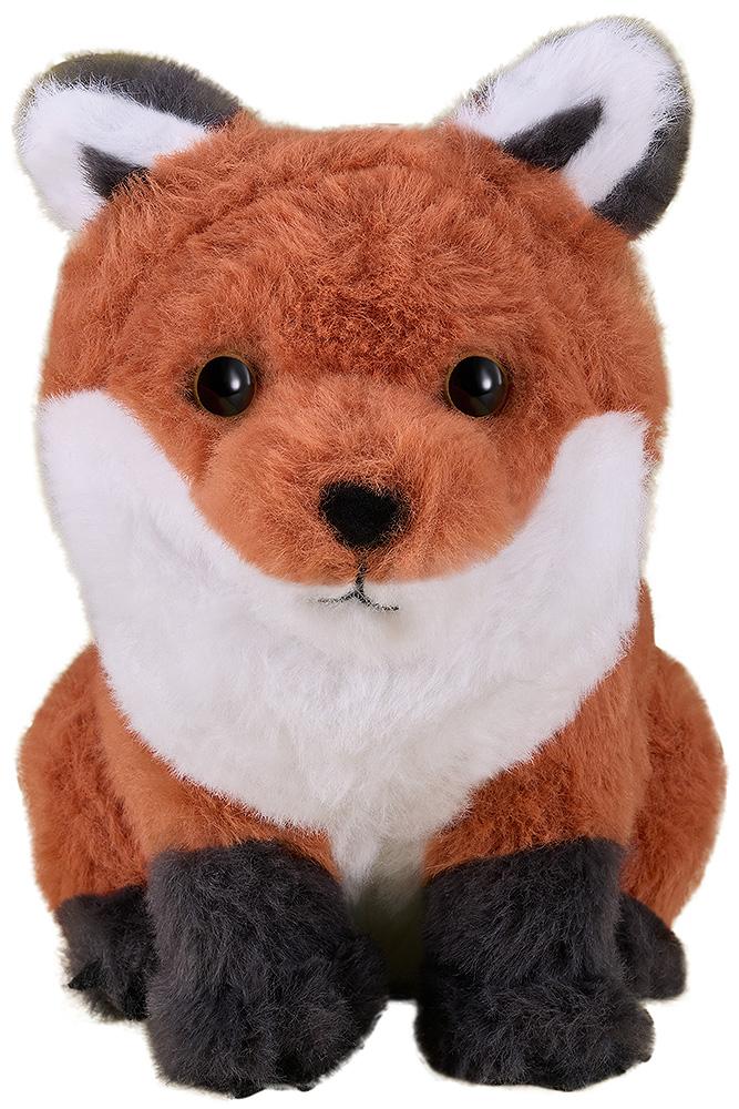 Front-facing portrait of the fluffy Ghost of Tsushima fox plushie featuring a white chest, orange fur, and black paws.