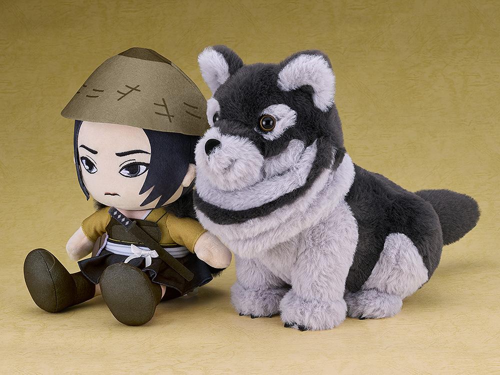 Side view of the wolf plushie sitting next to an Atsu plushie, representing the protagonist and her companion from Ghost of Yotei.