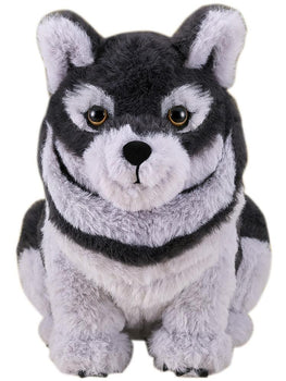 Front-facing portrait of the fluffy Ghost of Yotei wolf companion plushie featuring grey and white fur and golden eyes.