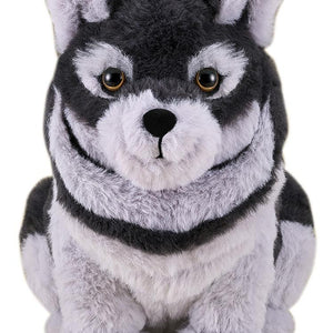 Front-facing portrait of the fluffy Ghost of Yotei wolf companion plushie featuring grey and white fur and golden eyes.