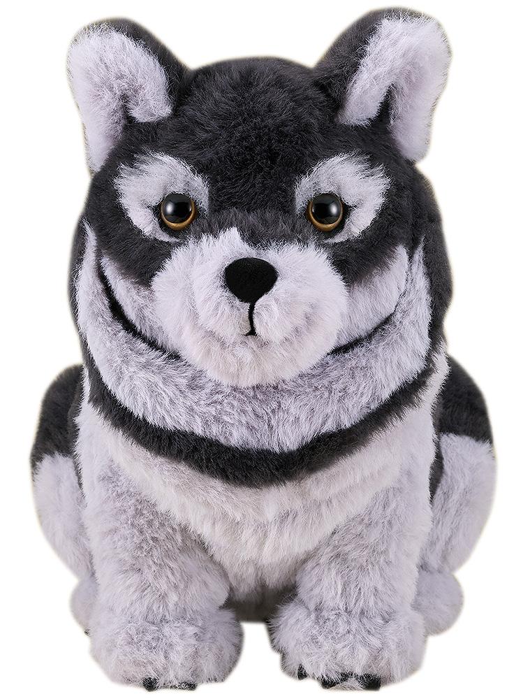 Front-facing portrait of the fluffy Ghost of Yotei wolf companion plushie featuring grey and white fur and golden eyes.