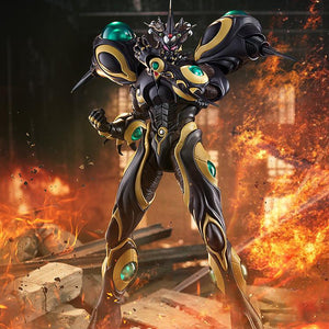 Cinematic product shot of Gigantic Dark standing amidst fire and rubble, highlighting its powerful presence.