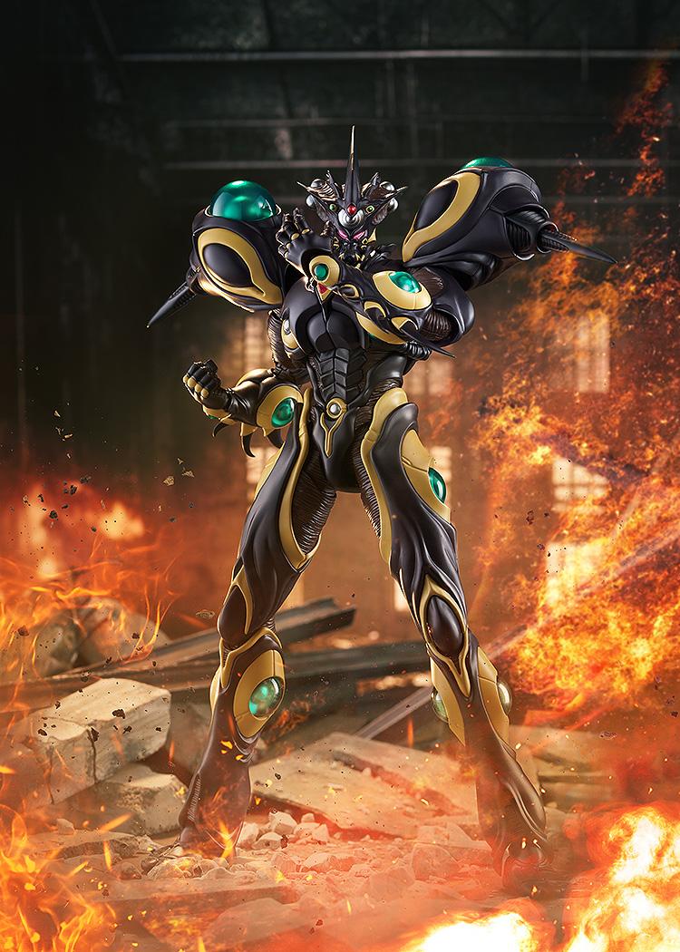 Cinematic product shot of Gigantic Dark standing amidst fire and rubble, highlighting its powerful presence.