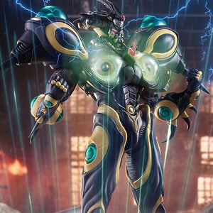 Dramatic cinematic view of the Giga-Smasher being deployed with blue lightning and energy surge visual effects.